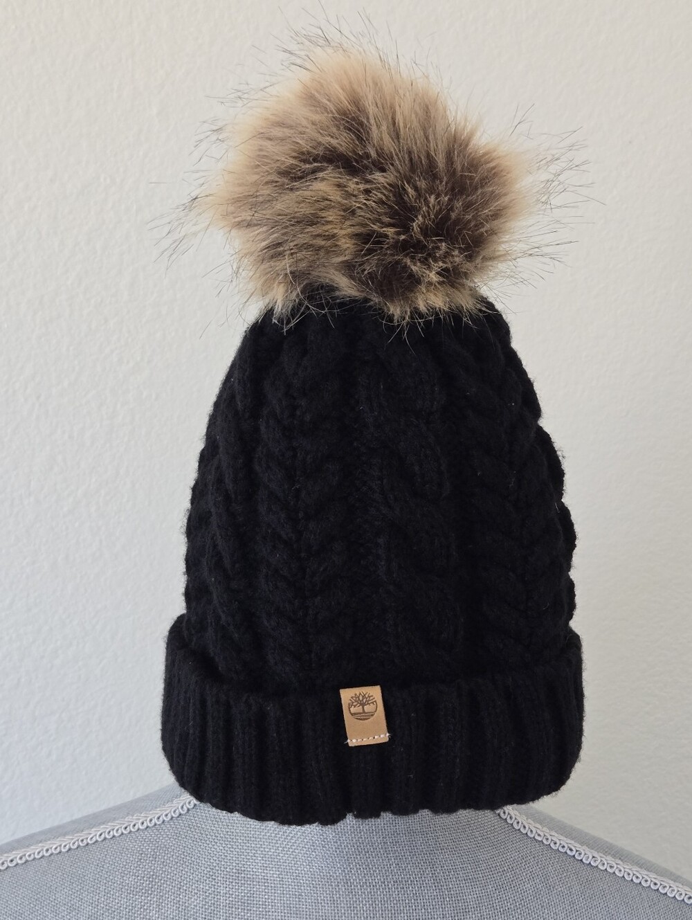 Timberland Womens Chunky Cable-Knit Cuff‎ Pom Beanie Faux-Fur Lined Black OS